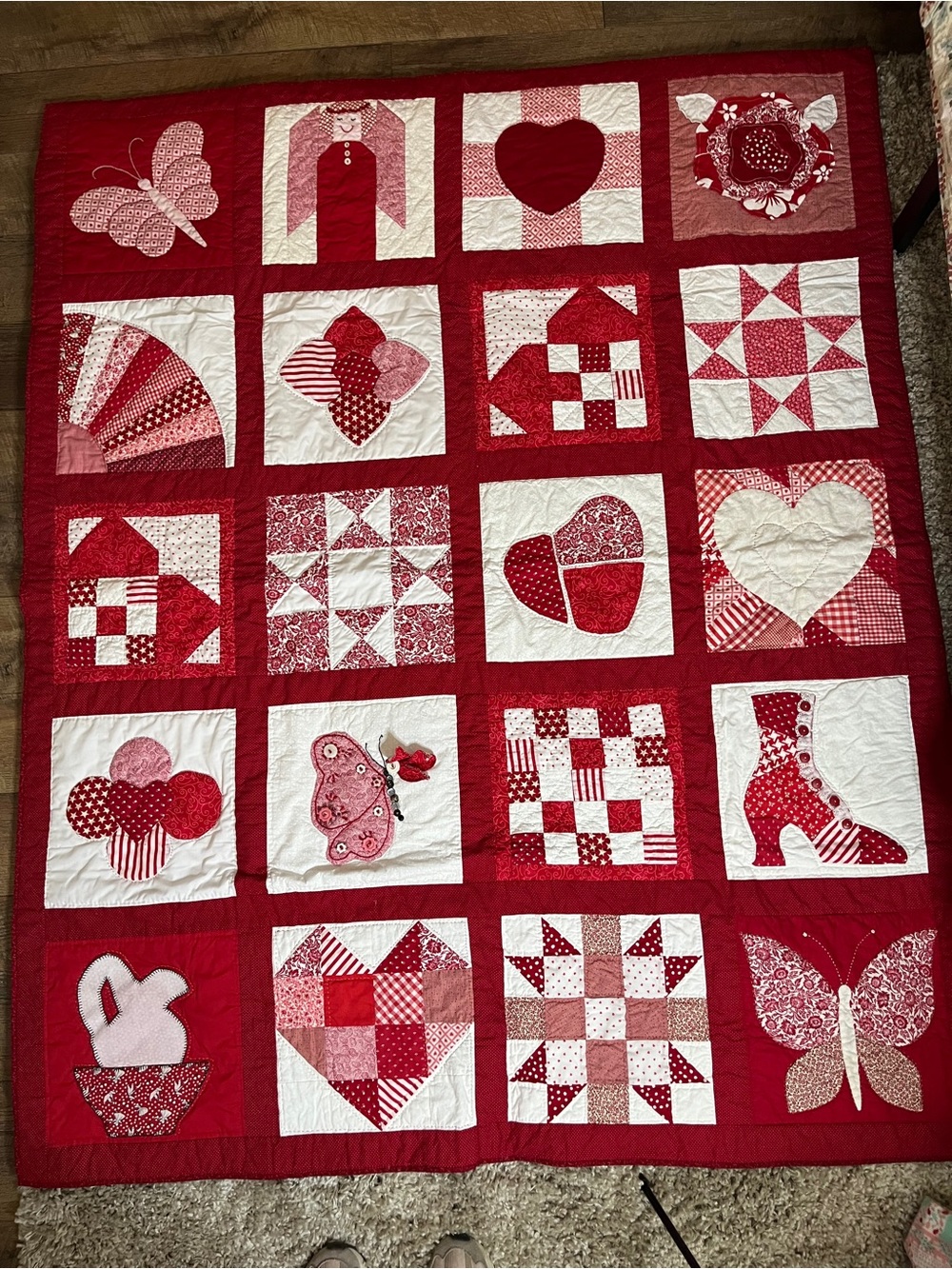 Handmade Sampler Heart Quilt 70 x 57, Red and White Patchwork Quilt -